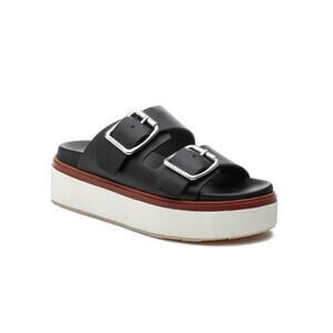 J Slides NYC Shoes Womens Size 9.5 Black Leather Platform Sandals Buckle Slides